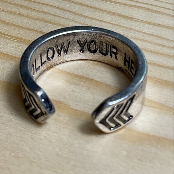 Silver Toned Open Ring With Engraved Message Follow Your Heart & Chevron Design - Picture 1 of 4